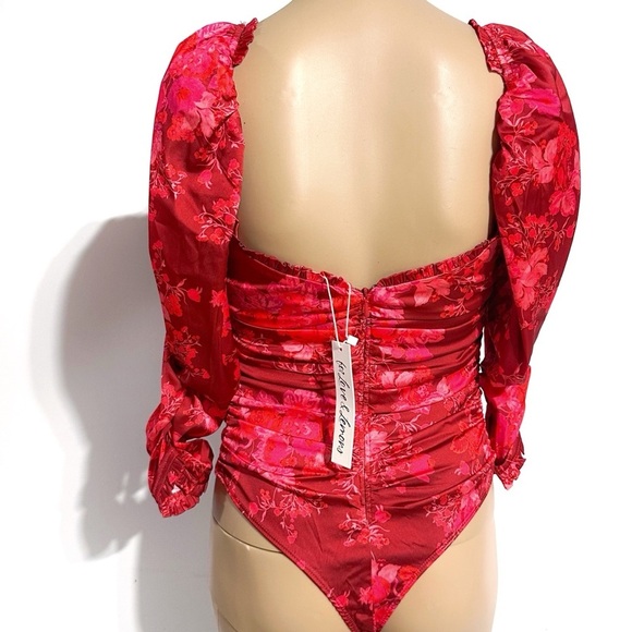NEW For Love And Lemons Red Floral Print  Ruched Puff Sleeve Bodysuit Blouse XS - Picture 8 of 15